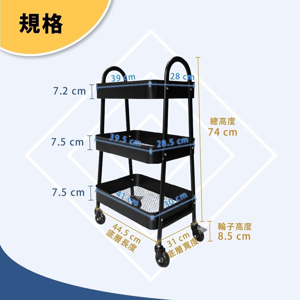 AXL 全鐵製三層工業風收納推車 附輪層架 可移動置物車  靜音滑順 適用美容 居家 廚房 學校-細節圖2