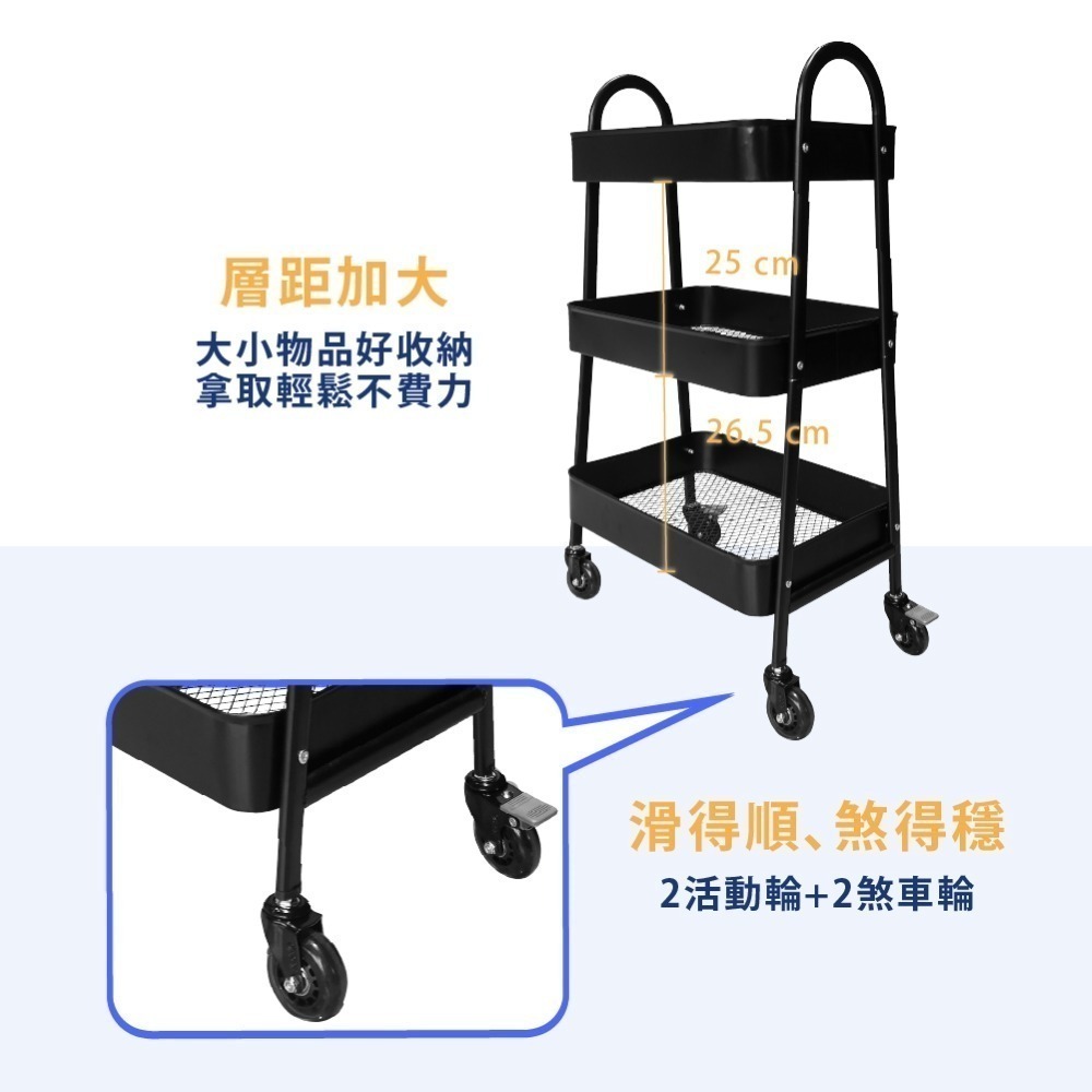 AXL 全鐵製三層工業風收納推車 附輪層架 可移動置物車  靜音滑順 適用美容 居家 廚房 學校-細節圖3
