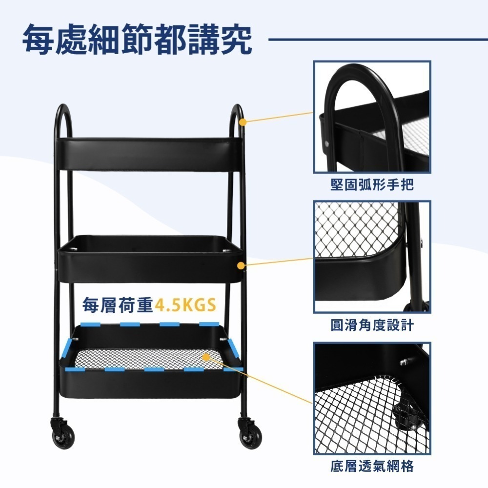AXL 全鐵製三層工業風收納推車 附輪層架 可移動置物車  靜音滑順 適用美容 居家 廚房 學校-細節圖4