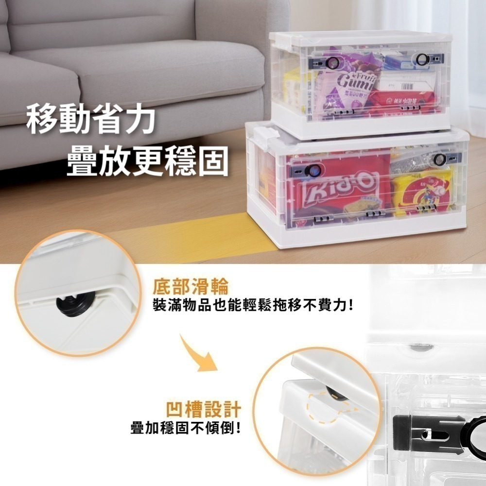 AXL多功能摺疊收納箱 附輪透明整理箱 可堆疊大容量收納櫃 三面掀蓋設計 換季衣物被子 玩具皆適用  38L 26L-細節圖3