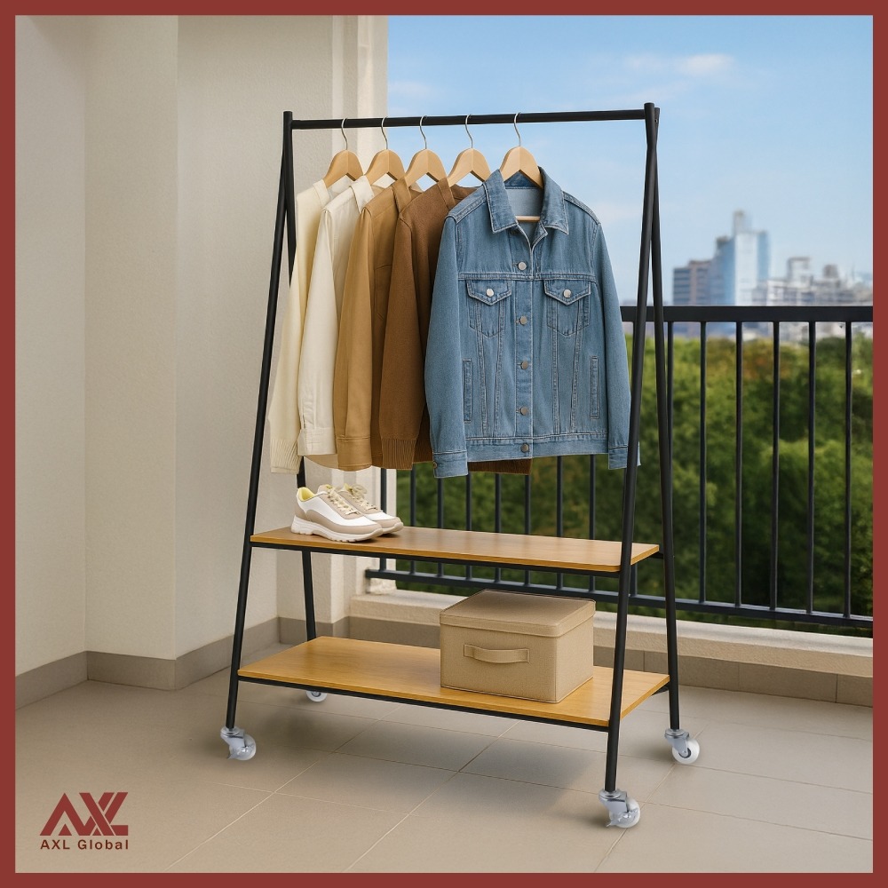 AXL日系簡約風落地衣帽架 金屬烤漆+木板層架設計 可移動掛衣架 靜音滑輪收納架 臥室玄關客廳皆適用-細節圖7