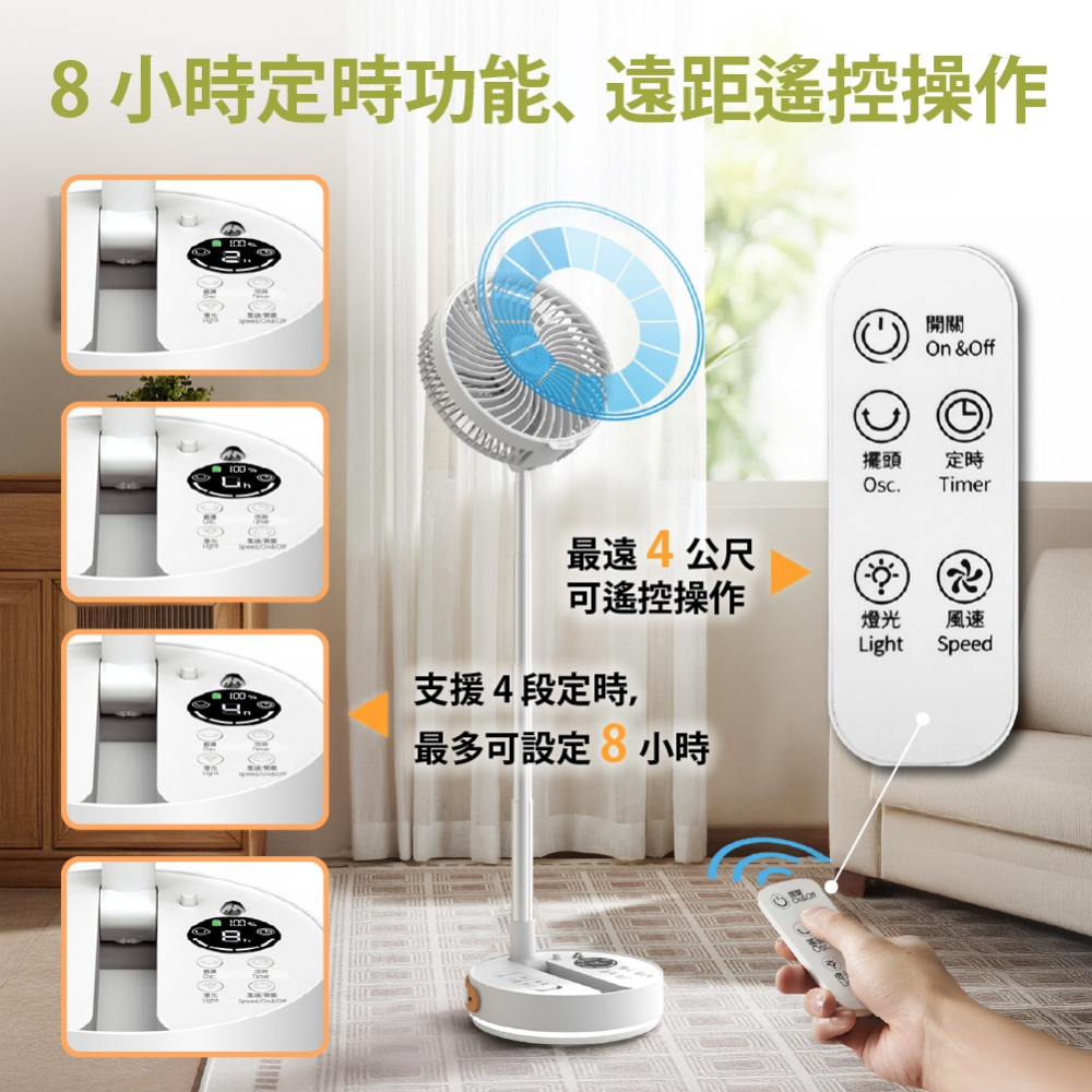 AXL 8吋伸縮摺疊電風扇 桌立兩用USB充電風扇 可定時自動擺頭 靜音夜燈設計 露營/臥室/車用收納風扇 停電救星-細節圖5
