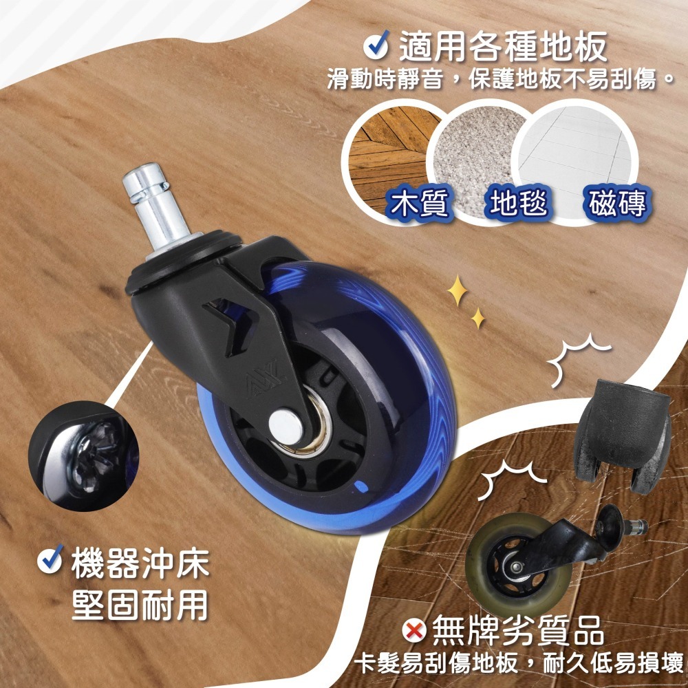AXL 3英吋藍透PU輪 霧黑箭頭腳架 電競/辦公椅子輪/電腦椅替換輪 溜冰輪設計 靜音滑順不刮地 台灣製造-細節圖4