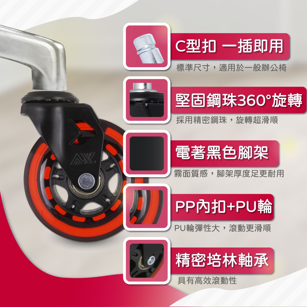 AXL 3英吋PU椅子輪 紅透霧黑腳架設計 插桿PU腳輪 防刮靜音輪 電競/辦公椅適用 台灣製造-細節圖3