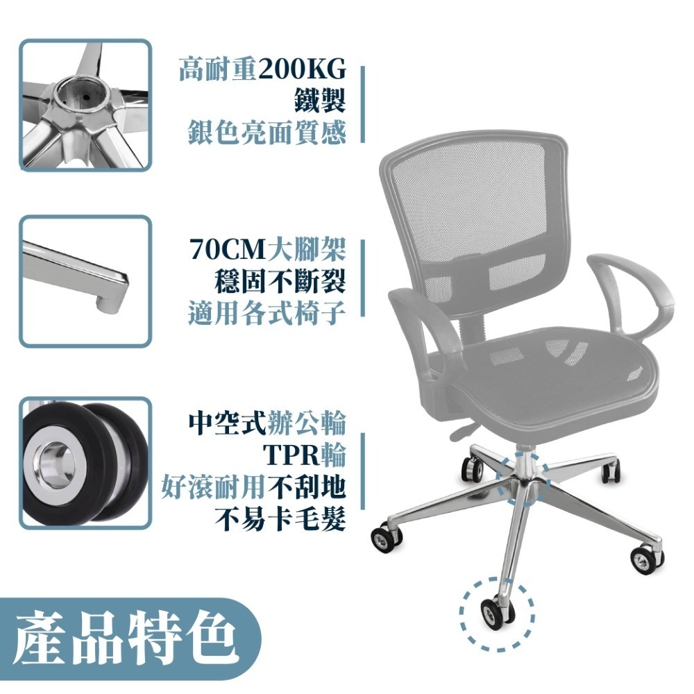 AXL 電腦椅五爪腳架辦公輪組 鋁合金辦公椅腳 鐵製五爪椅 70公分大椅腳 穩定堅固耐用 通過辦公傢俱BIFMA測試-細節圖5