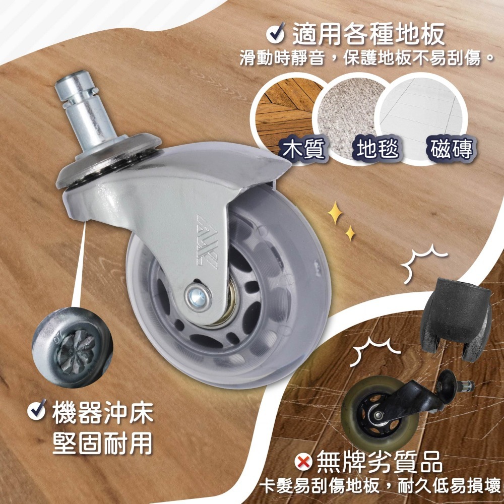 AXL 2.5英吋辦公椅PU輪 鉻彎角灰透輪 DIY安裝 升級替換電腦椅輪子 11mm市面椅款通用 無噪音輪子 5入-細節圖4