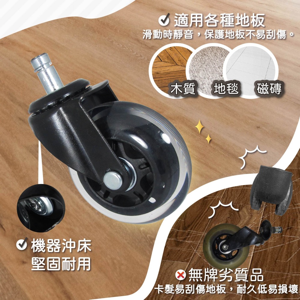 AXL 超靜音 PU溜冰輪 3 吋黑透明滑輪｜電競椅/電腦椅輪 滑順靜音 不水解 不刮地板 更耐用 椅子輪子 單顆販售-細節圖3