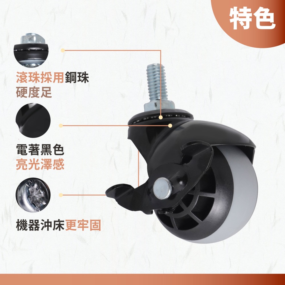 3分19加長螺牙TPR球型活動剎車輪 栓入式腳輪｜360°萬向輪 層架/網片架/T 型架/衣架專用輪 單顆販售-細節圖3