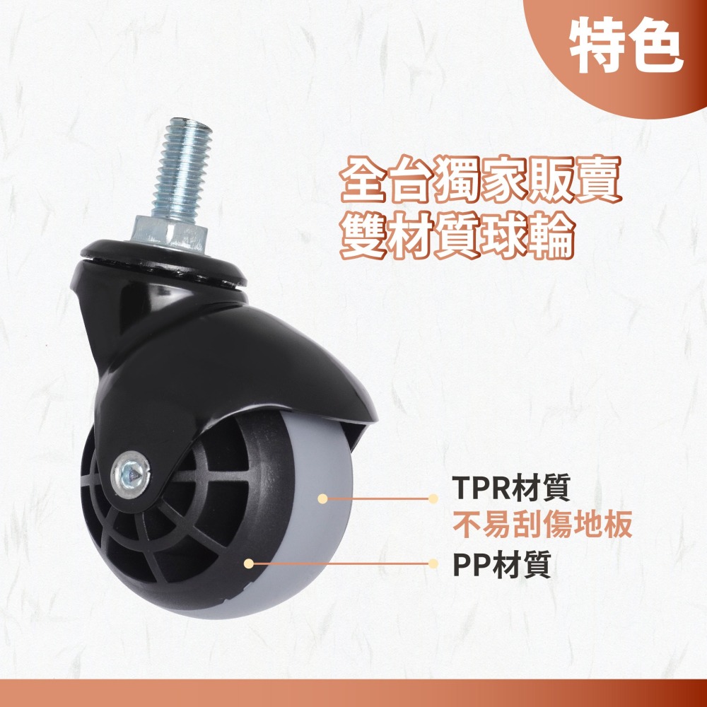3分19加長螺牙TPR球型活動剎車輪 栓入式腳輪｜360°萬向輪 層架/網片架/T 型架/衣架專用輪 單顆販售-細節圖4