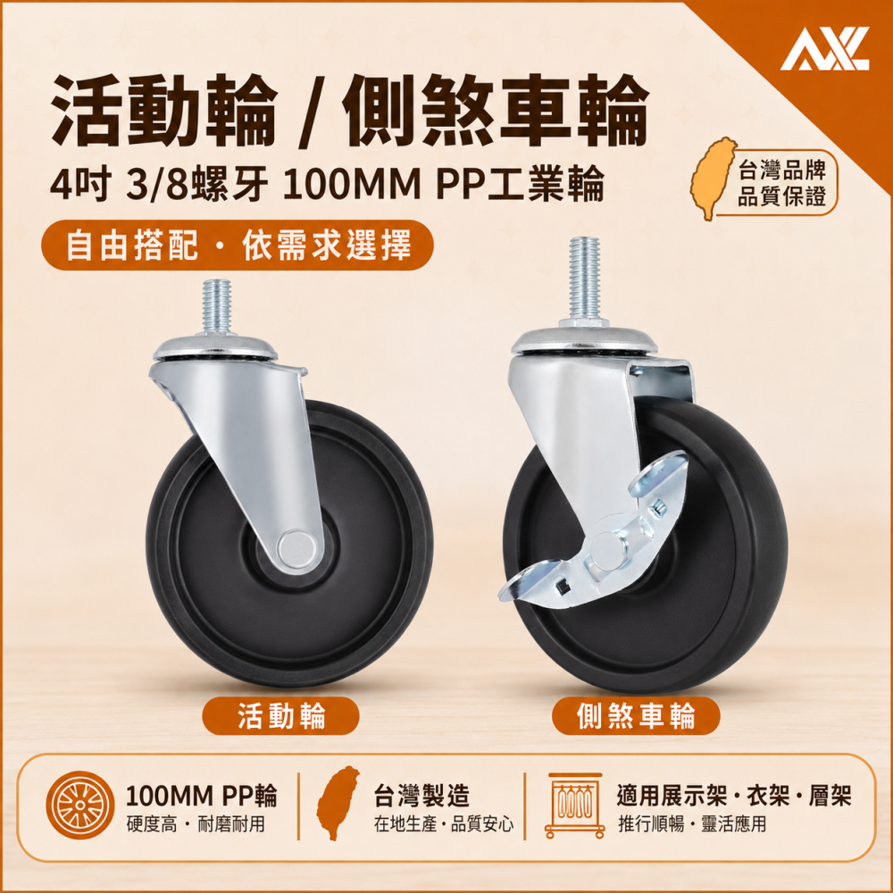 100mm PP輪 工業輪 3分牙 層架輪 推車輪 置物架輪 波浪架輪 鐵力士架腳輪 耐磨耐重 五金配件 單顆販售-細節圖5