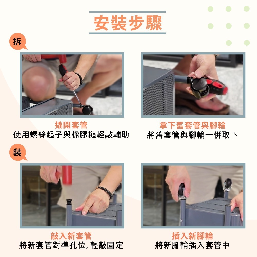 AXL 靜音萬向輪 PU溜冰輪 美容推車輪 收納推車替換輪 6分套管插銷 適用17~18mm圓管 台灣製 整組販售-細節圖6