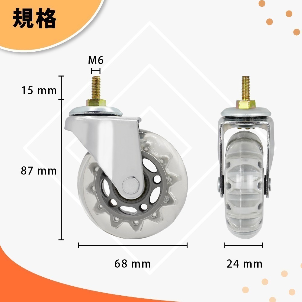 收納推車 層架 衣架適用 M6 萬向輪 68mm PVC / TPR 靜音溜冰輪 M6 螺絲牙腳輪 不刮地板  台灣製-細節圖3