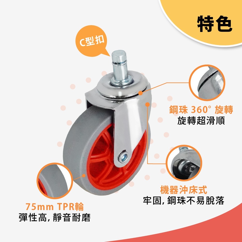 椅子輪子替換 3吋 TPR 靜音椅輪 插桿11mm 22mm 辦公椅 電腦椅 萬向輪 不刮地板 彩色水車輪 台灣製造-細節圖3