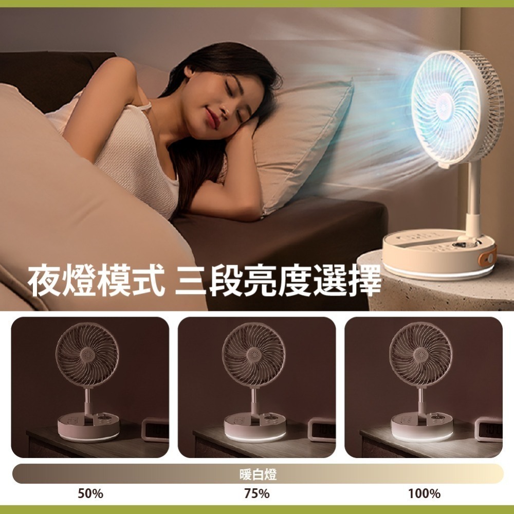 AXL 8吋伸縮摺疊電風扇 USB充電風扇 自動擺頭 靜音夜燈 桌立落地兩用 可定時睡眠風扇-細節圖7