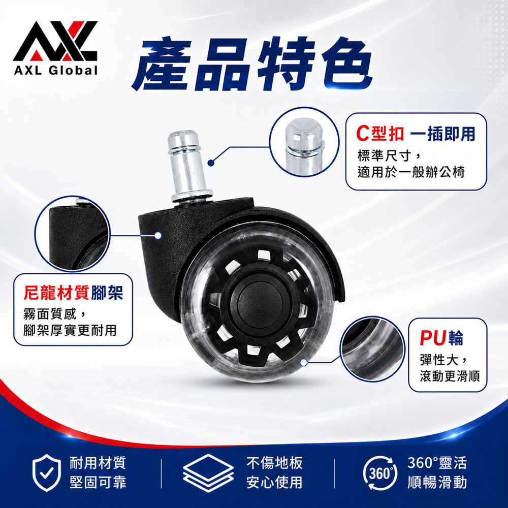 AXL 辦公椅輪子 PU靜音雙輪 10mm/11mm插桿 IKEA椅子輪子替換 電腦椅輪子 防刮地板 電競椅輪子-細節圖5