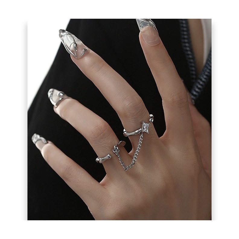 小眾雙指鏈條戒指 可調節戒指 雙指戒 設計感 個性 文藝 時尚 潮流 開口戒 手飾品 戒指-細節圖3