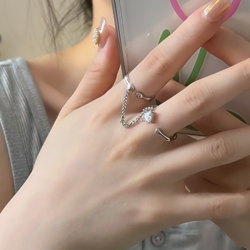 小眾雙指鏈條戒指 可調節戒指 雙指戒 設計感 個性 文藝 時尚 潮流 開口戒 手飾品 戒指-細節圖7