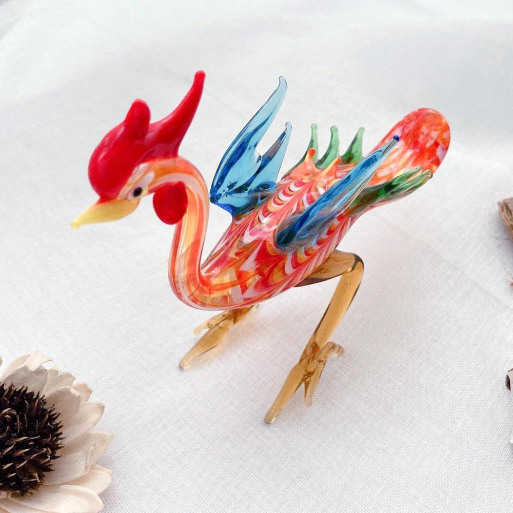 New 純手工燒製 絕美彩色花紋水晶玻璃 鳳凰 站姿 琉璃 擺飾-細節圖2