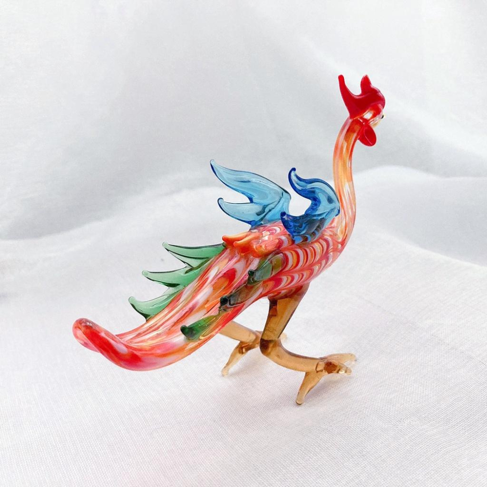 New 純手工燒製 絕美彩色花紋水晶玻璃 鳳凰 站姿 琉璃 擺飾-細節圖3
