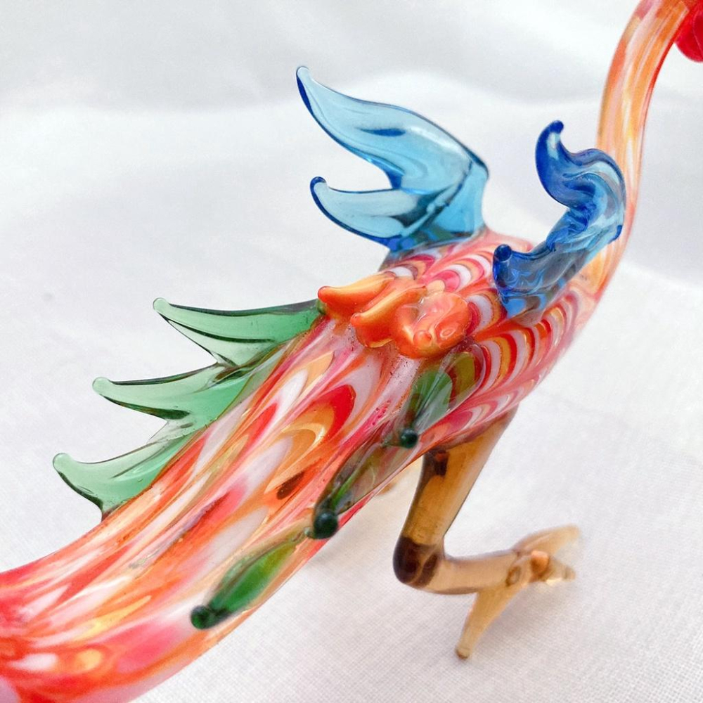 New 純手工燒製 絕美彩色花紋水晶玻璃 鳳凰 站姿 琉璃 擺飾-細節圖4