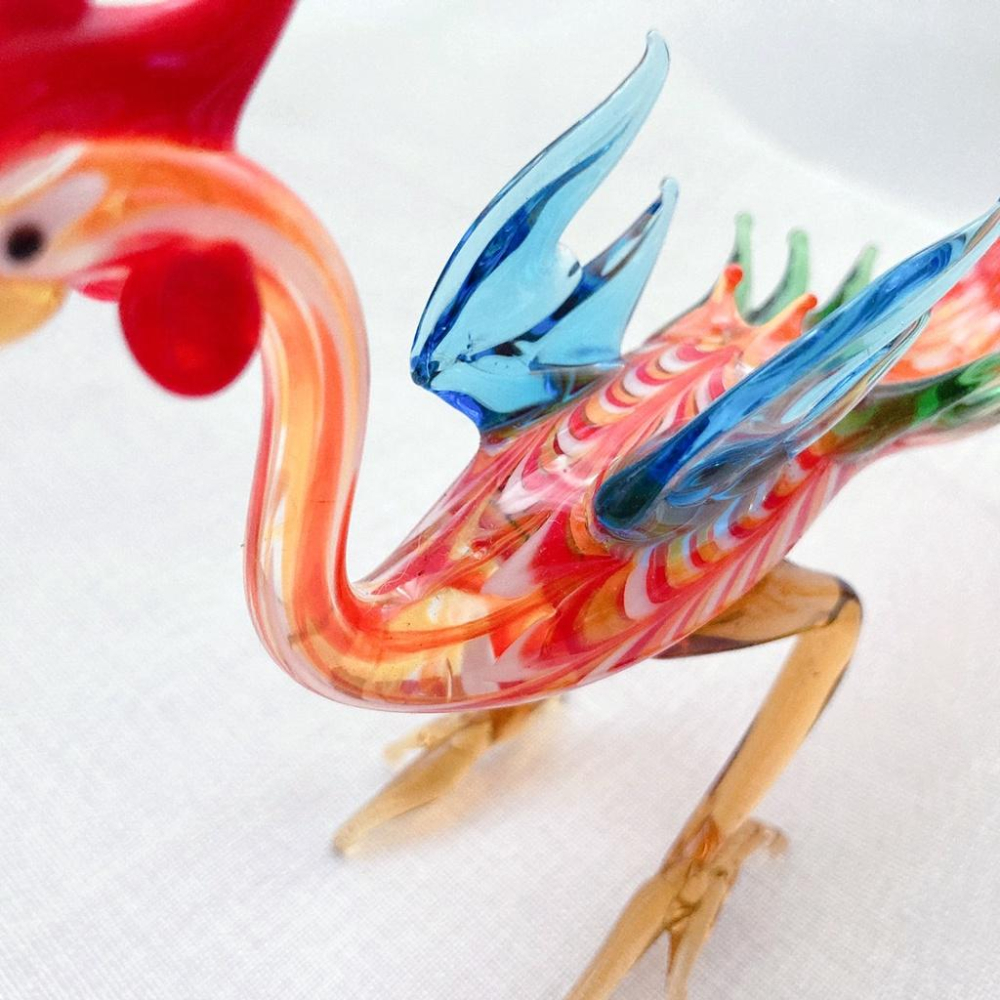 New 純手工燒製 絕美彩色花紋水晶玻璃 鳳凰 站姿 琉璃 擺飾-細節圖5
