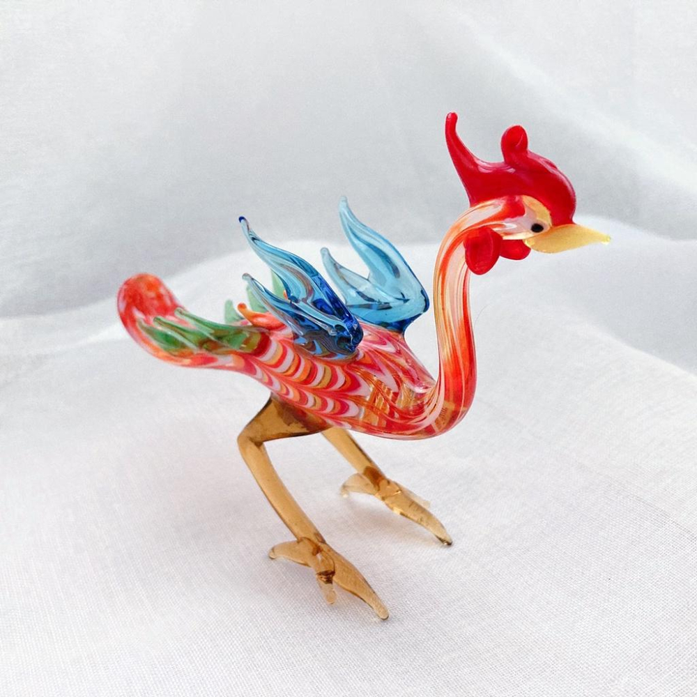 New 純手工燒製 絕美彩色花紋水晶玻璃 鳳凰 站姿 琉璃 擺飾-細節圖6