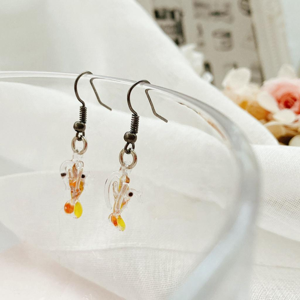 新上市★手工燒製 玻璃製 琉璃 活跳跳鮮蝦 蝦子 耳環 耳飾-細節圖3