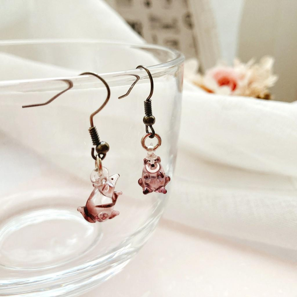 新上市★手工燒製 玻璃製 琉璃 送幸福的小胖鼠 耳環 耳飾-細節圖3