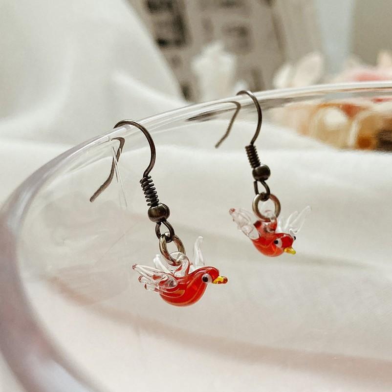 新上市★手工燒製 玻璃製 琉璃 可愛動物-飛翔之鳥 耳環 耳飾-細節圖2