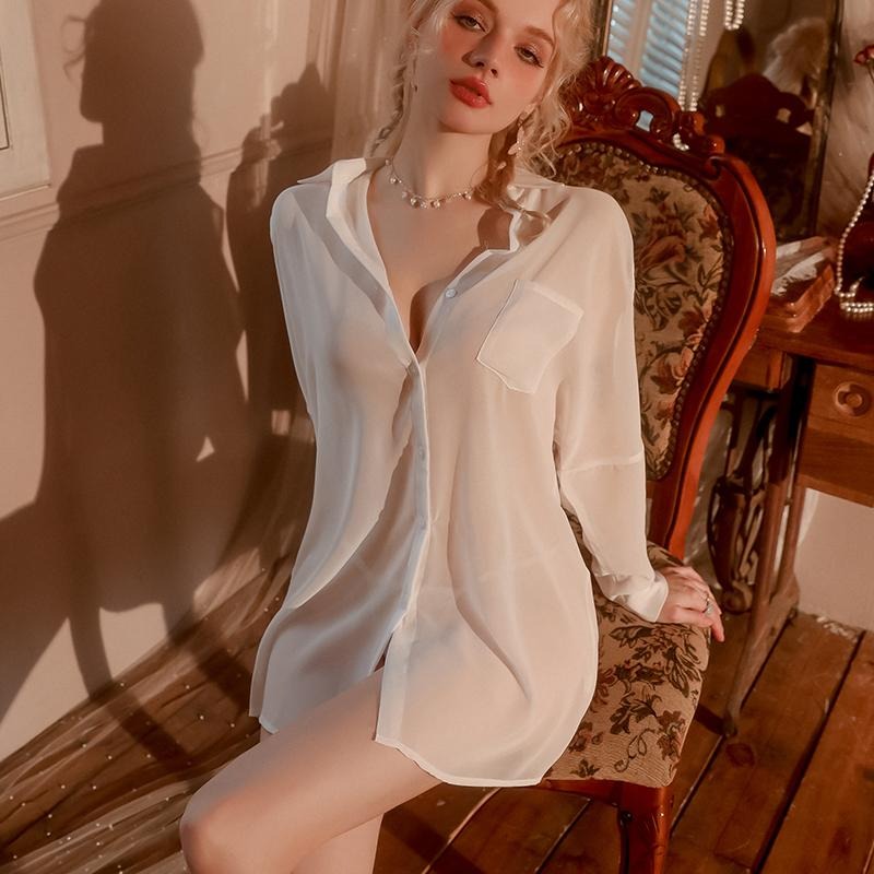 𝑺𝒆𝒙𝒚 𝑳𝒂𝒅𝒚秘花園❀࿐襯衫睡衣 性感睡衣 男友襯衫 薄紗睡衣襯衫 冰絲襯衫 冰絲睡衣 涼感睡衣 法式睡衣 睡衣裙-細節圖7