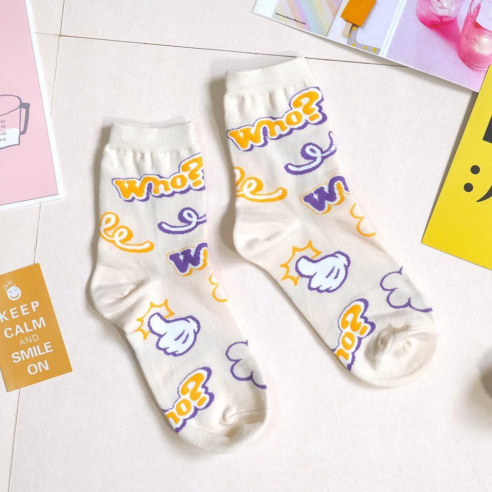 AHUA阿華有事嗎 滿版Who?比讚塗鴉中筒襪 K2177 正韓襪子 百搭純棉襪 韓妞必備 少女襪-細節圖6