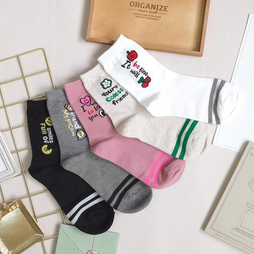 AHUA阿華有事嗎 手繪插圖英文前跟條紋中筒襪 K2136 正韓襪子 百搭純棉襪 韓妞必備 少女襪-細節圖3