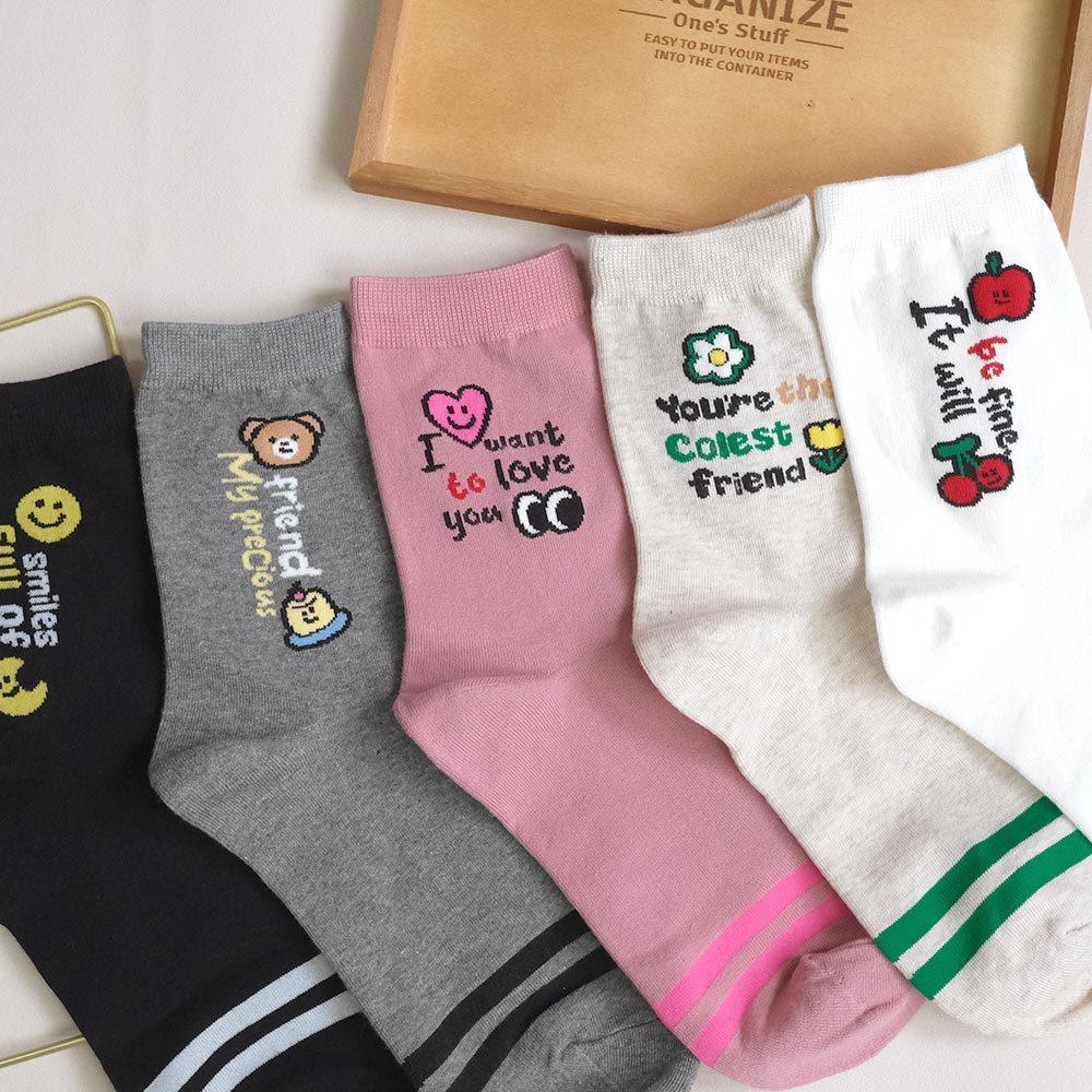 AHUA阿華有事嗎 手繪插圖英文前跟條紋中筒襪 K2136 正韓襪子 百搭純棉襪 韓妞必備 少女襪-細節圖4