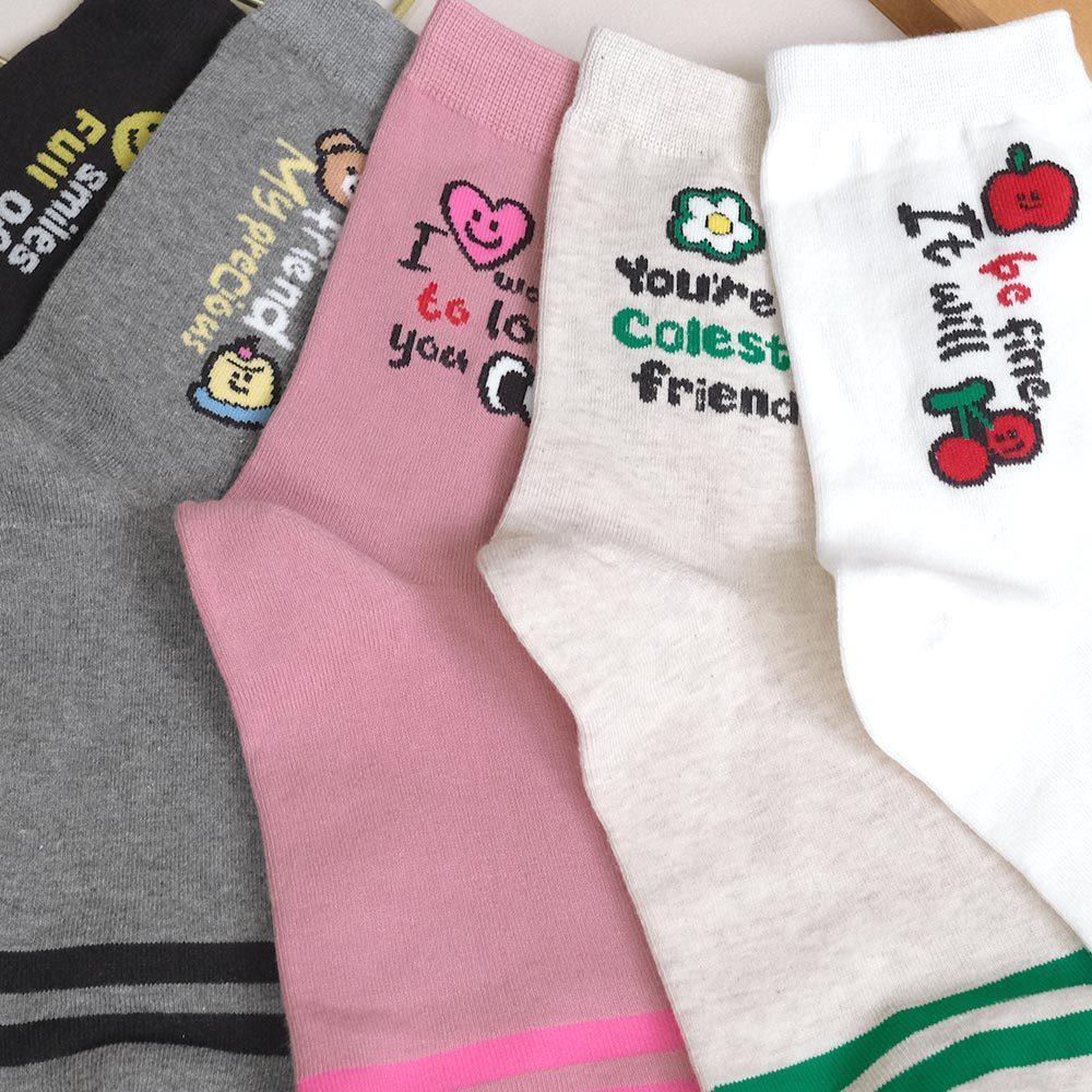 AHUA阿華有事嗎 手繪插圖英文前跟條紋中筒襪 K2136 正韓襪子 百搭純棉襪 韓妞必備 少女襪-細節圖5