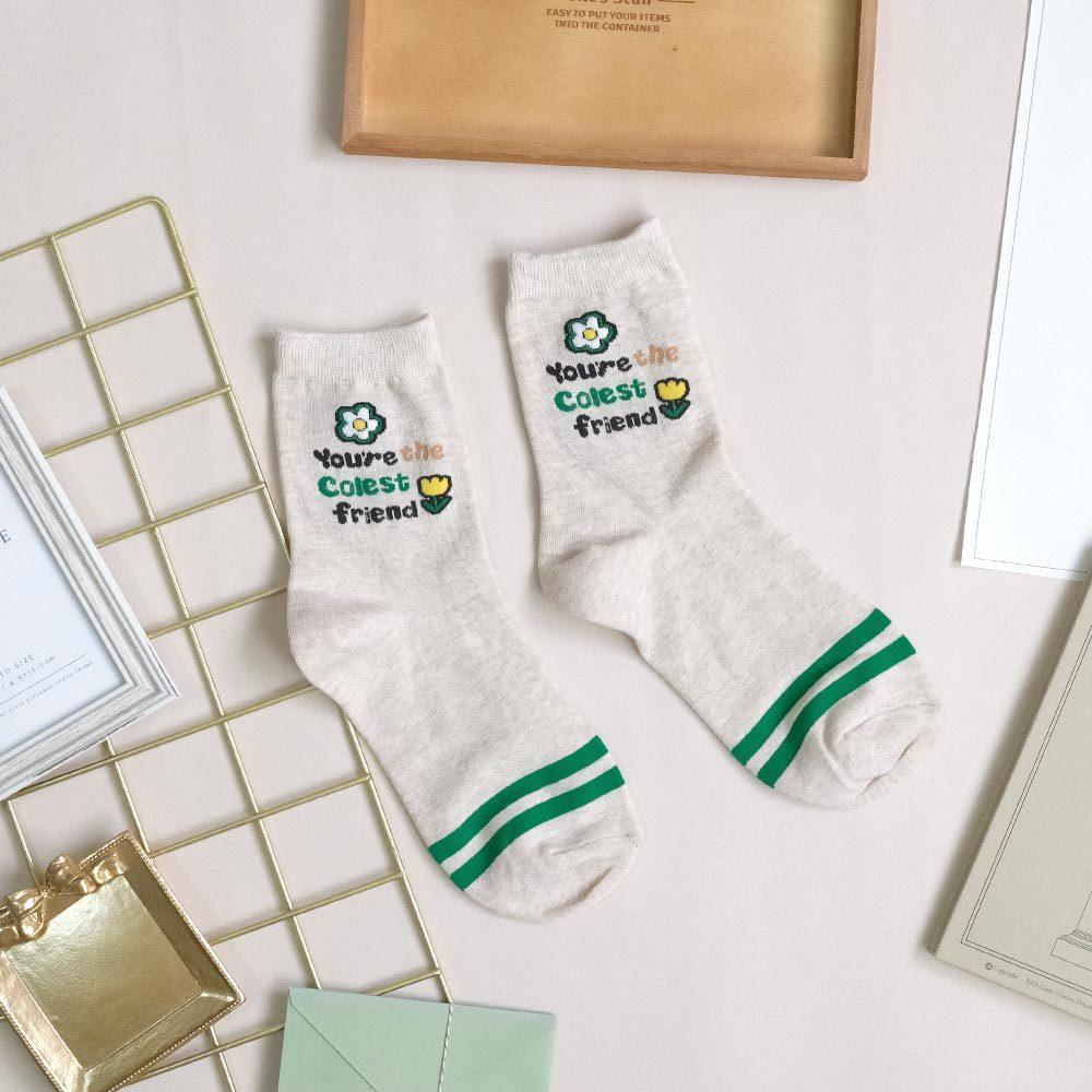 AHUA阿華有事嗎 手繪插圖英文前跟條紋中筒襪 K2136 正韓襪子 百搭純棉襪 韓妞必備 少女襪-細節圖7