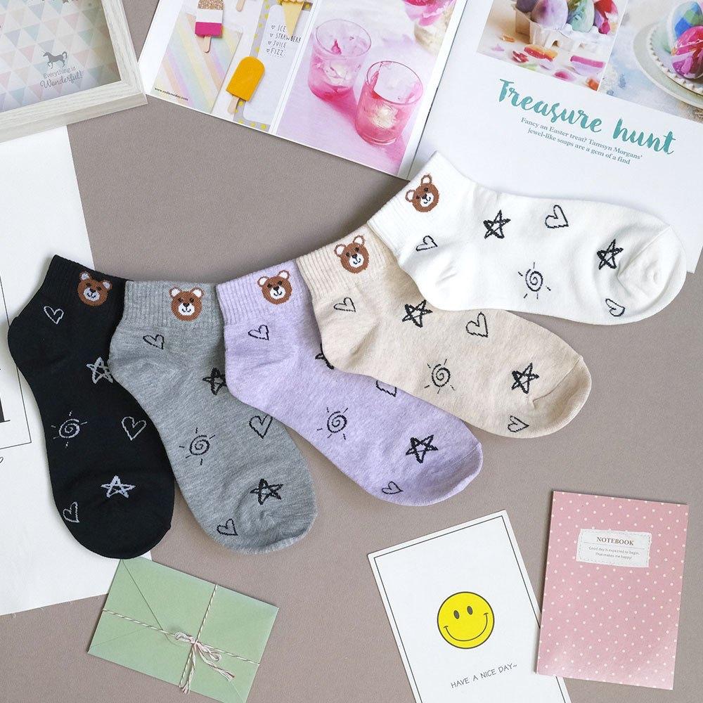 AHUA阿華有事嗎 滿版塗鴉襪口棕熊小頭短襪 K2122 正韓襪子 百搭純棉襪 韓妞必備 少女襪-細節圖3