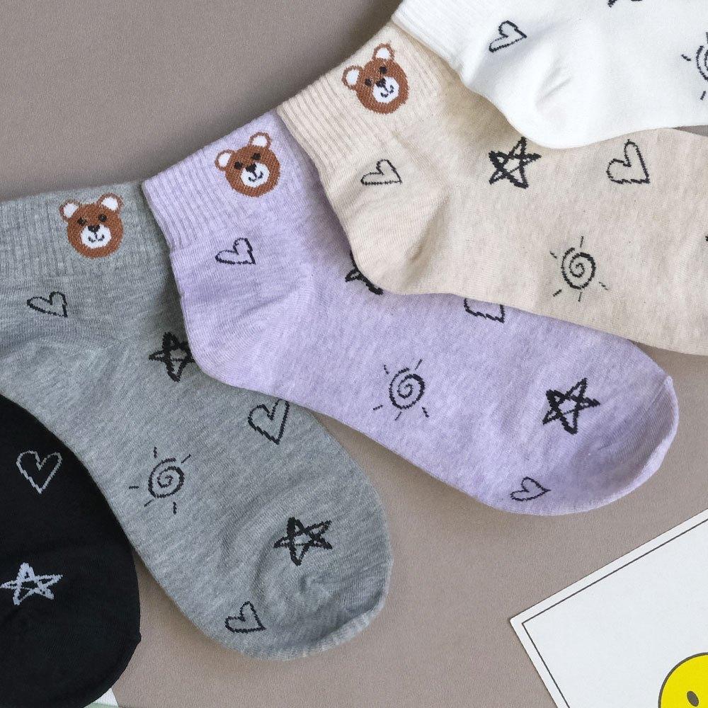 AHUA阿華有事嗎 滿版塗鴉襪口棕熊小頭短襪 K2122 正韓襪子 百搭純棉襪 韓妞必備 少女襪-細節圖4