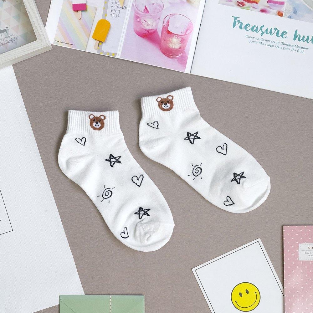 AHUA阿華有事嗎 滿版塗鴉襪口棕熊小頭短襪 K2122 正韓襪子 百搭純棉襪 韓妞必備 少女襪-細節圖5