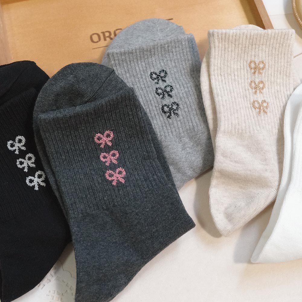 AHUA阿華有事嗎 浪漫微金蔥三個蝴蝶結中筒襪 K2215 正韓襪子 百搭純棉襪 韓妞必備 少女襪-細節圖5