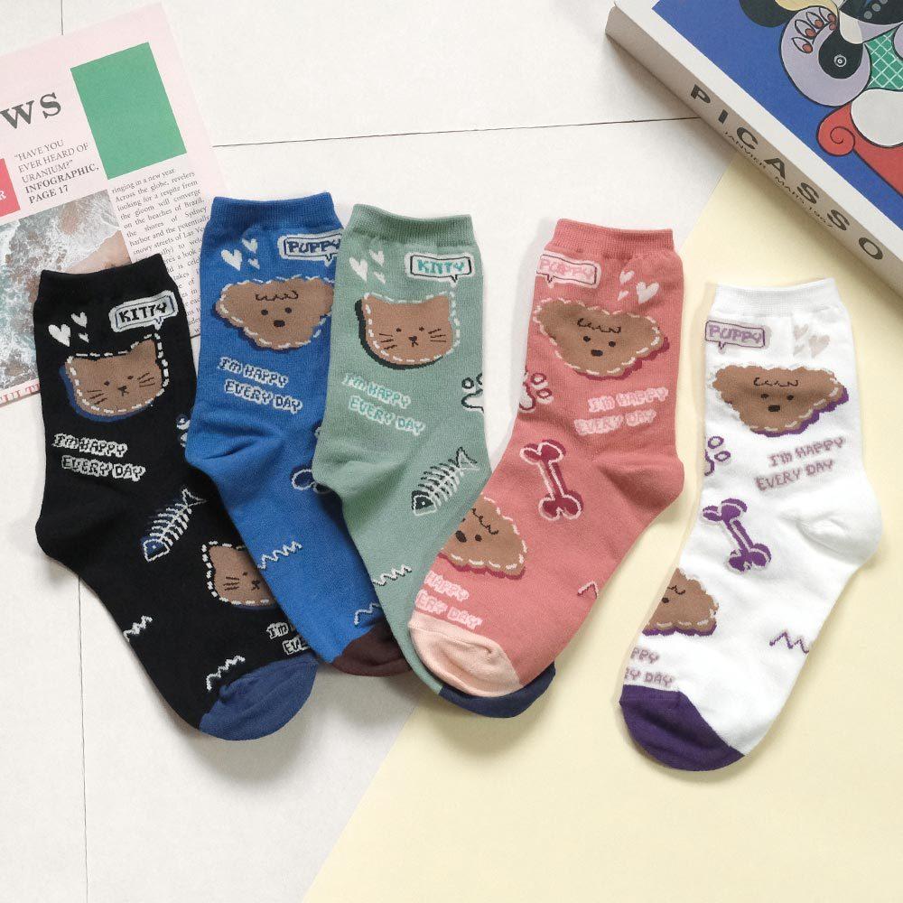 AHUA阿華有事嗎 滿版貓狗虛線疊影小圖拼色中筒襪 K2229 正韓襪子 百搭純棉襪 韓妞必備 少女襪-細節圖3