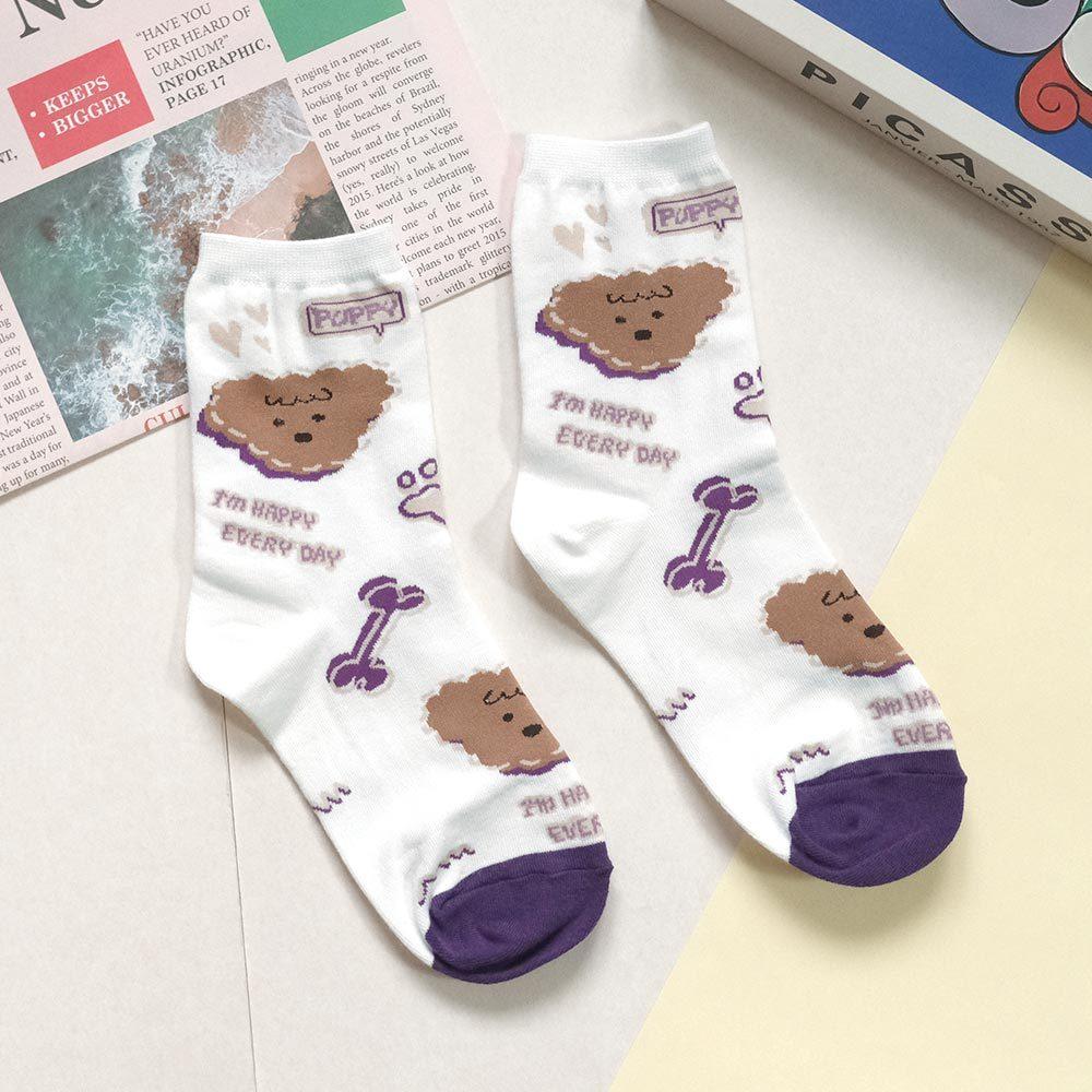 AHUA阿華有事嗎 滿版貓狗虛線疊影小圖拼色中筒襪 K2229 正韓襪子 百搭純棉襪 韓妞必備 少女襪-細節圖6