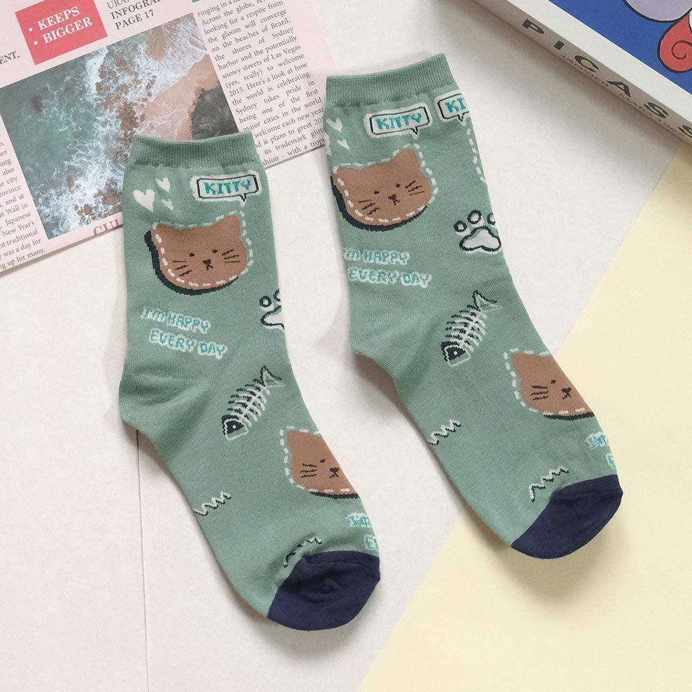 AHUA阿華有事嗎 滿版貓狗虛線疊影小圖拼色中筒襪 K2229 正韓襪子 百搭純棉襪 韓妞必備 少女襪-細節圖8