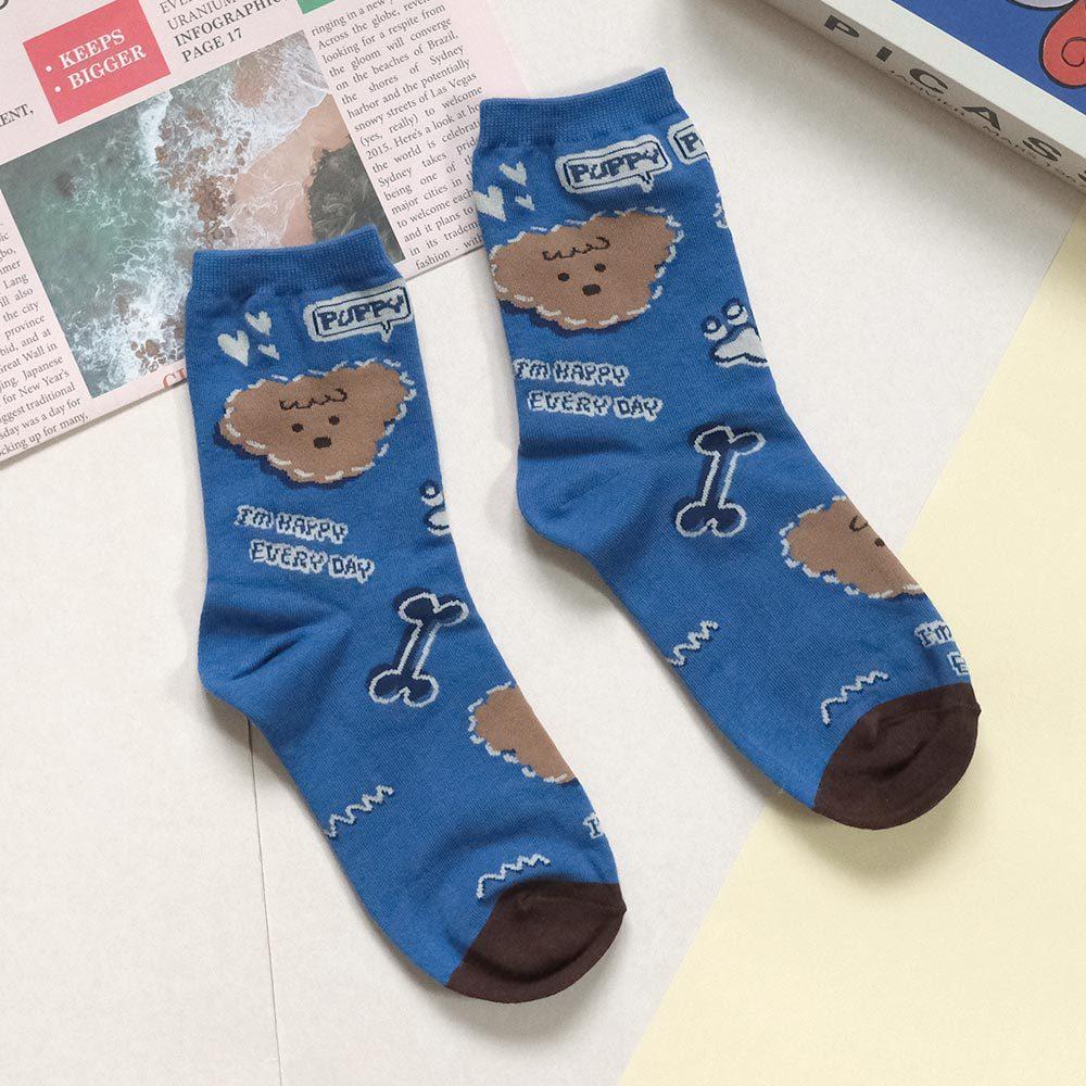 AHUA阿華有事嗎 滿版貓狗虛線疊影小圖拼色中筒襪 K2229 正韓襪子 百搭純棉襪 韓妞必備 少女襪-細節圖9