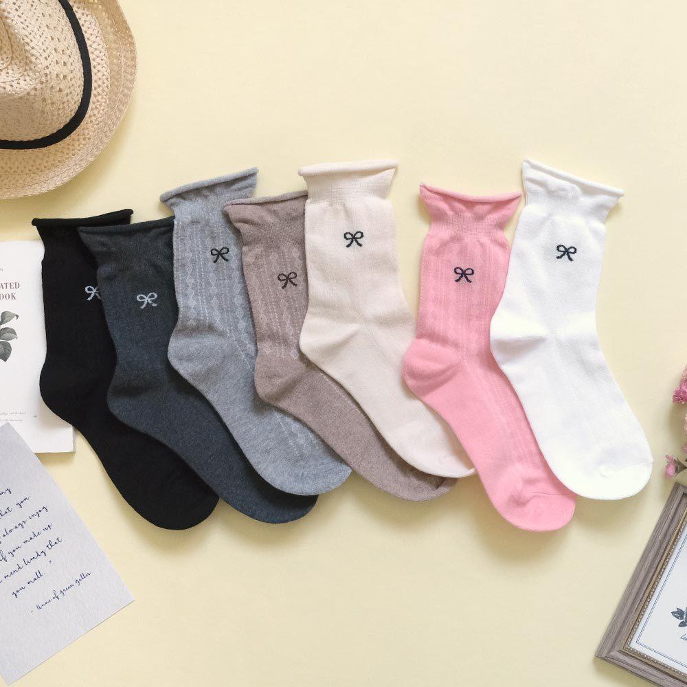 AHUA阿華有事嗎 純色無痕捲邊菱格紋蝴蝶結圖案中筒襪 K2195 正韓襪子 百搭純棉襪 韓妞必備 少女襪-細節圖3