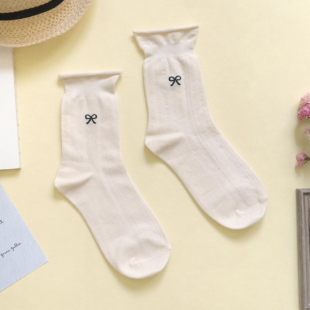 AHUA阿華有事嗎 純色無痕捲邊菱格紋蝴蝶結圖案中筒襪 K2195 正韓襪子 百搭純棉襪 韓妞必備 少女襪-細節圖6