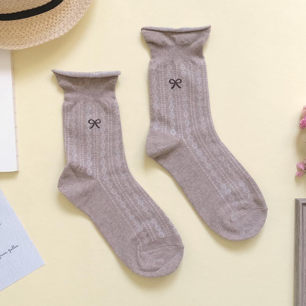 AHUA阿華有事嗎 純色無痕捲邊菱格紋蝴蝶結圖案中筒襪 K2195 正韓襪子 百搭純棉襪 韓妞必備 少女襪-細節圖7