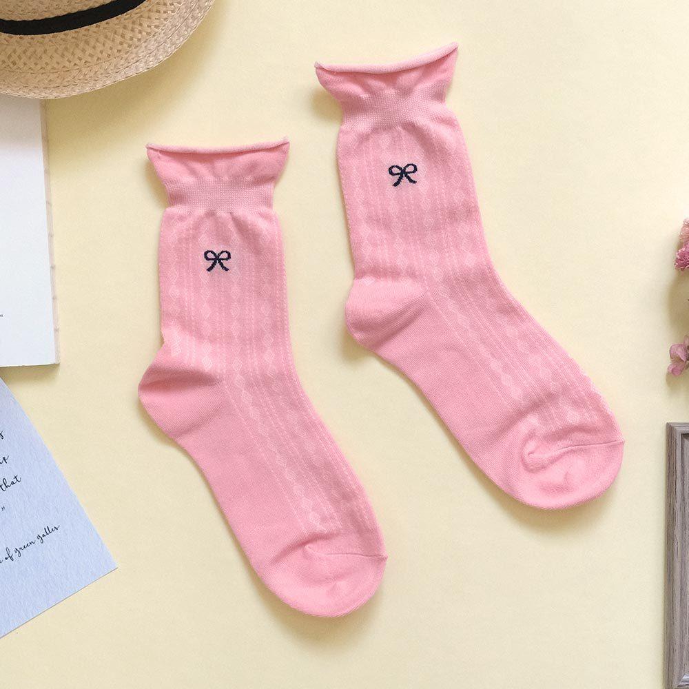 AHUA阿華有事嗎 純色無痕捲邊菱格紋蝴蝶結圖案中筒襪 K2195 正韓襪子 百搭純棉襪 韓妞必備 少女襪-細節圖8