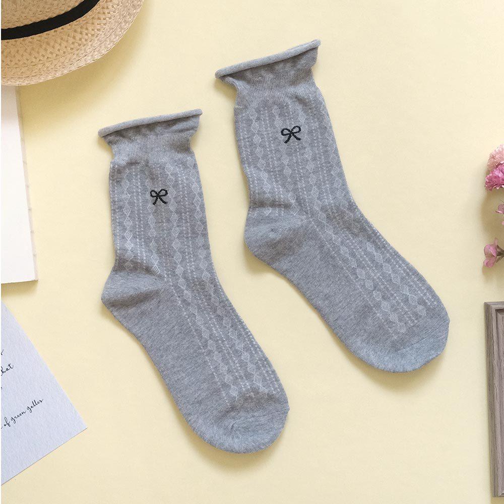 AHUA阿華有事嗎 純色無痕捲邊菱格紋蝴蝶結圖案中筒襪 K2195 正韓襪子 百搭純棉襪 韓妞必備 少女襪-細節圖9