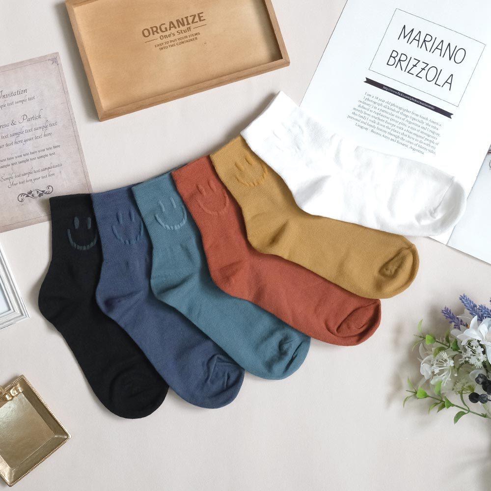 AHUA阿華有事嗎 純色浮雕微笑中筒襪 K2128 正韓襪子 百搭純棉襪 韓妞必備 少女襪-細節圖3