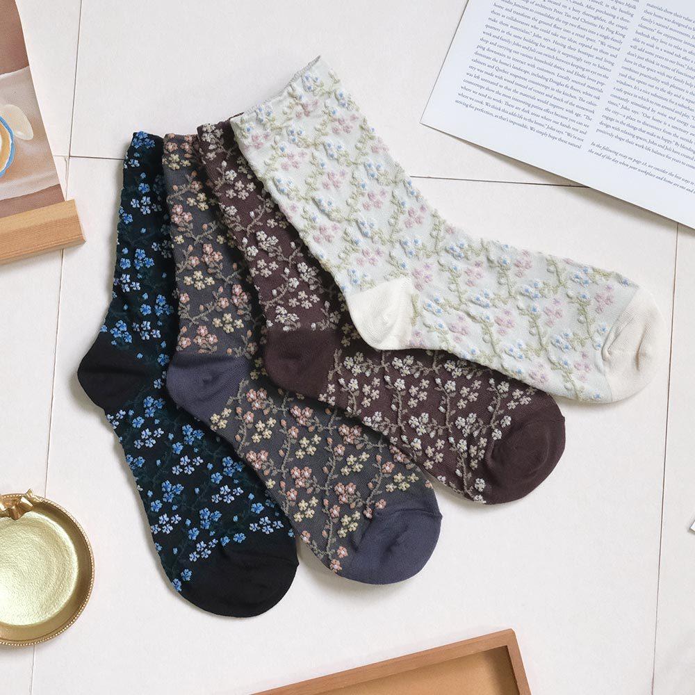 AHUA阿華有事嗎 滿版立體花朵藤蔓腳跟拼色中筒襪 K2158 正韓襪子 百搭純棉襪 韓妞必備 少女襪-細節圖3